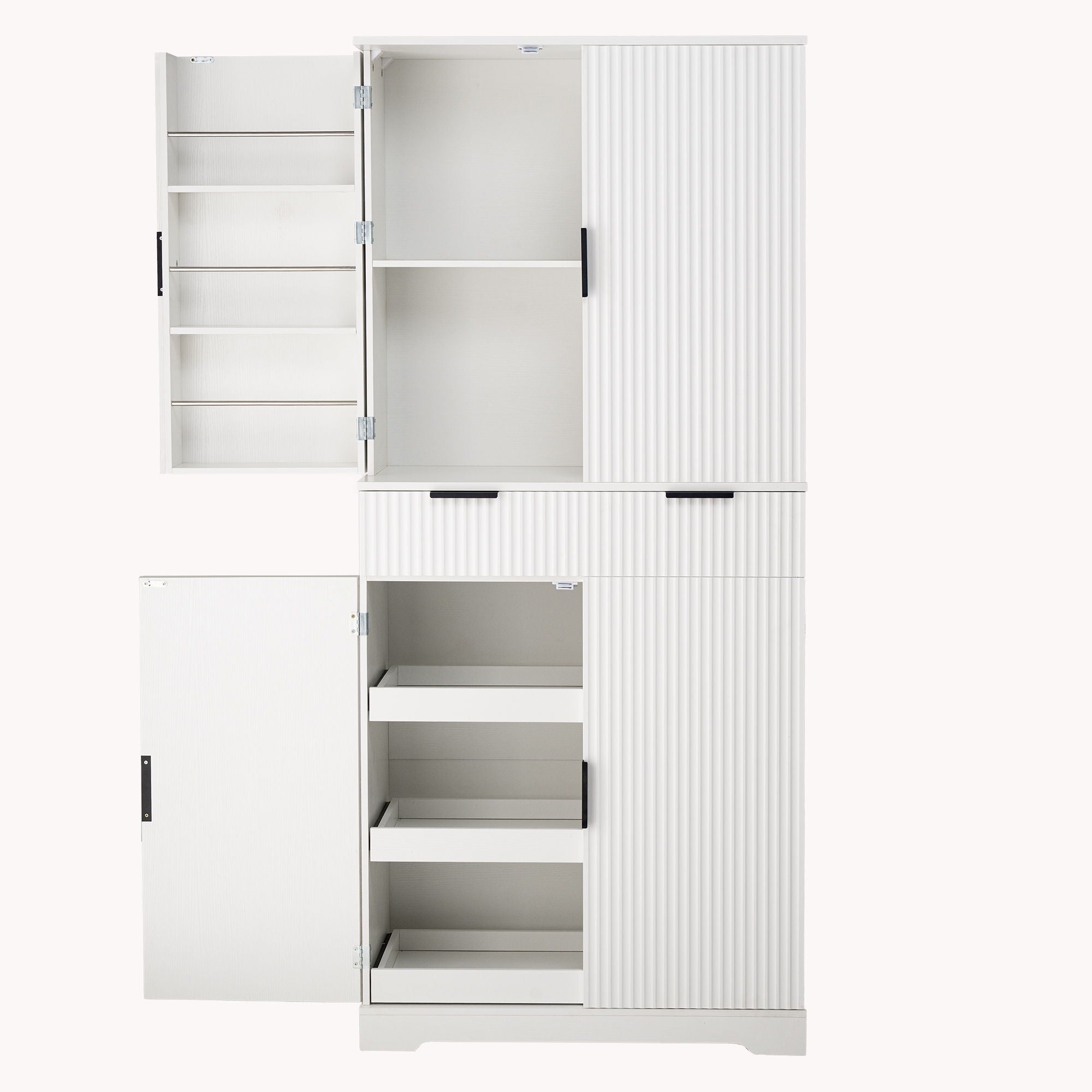 Fluted Kitchen Pantry Cabinet With 3 Keyboard Drawers & 6 Adjustable Door Shelves