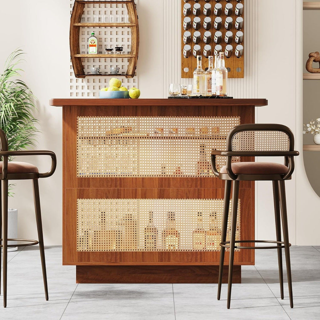 Home Bar Unit With 4 Tier Storage And Stemware Racks For Living Room - Brown