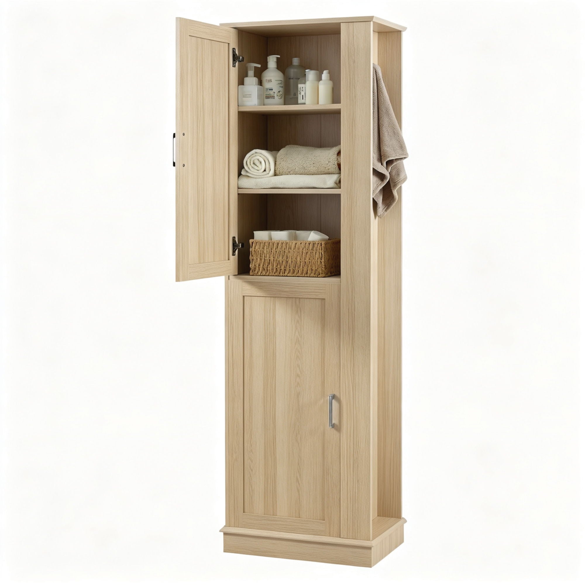 Tall Freestanding Bathroom Storage Cabinet With Adjustable Shelves And Side Hooks