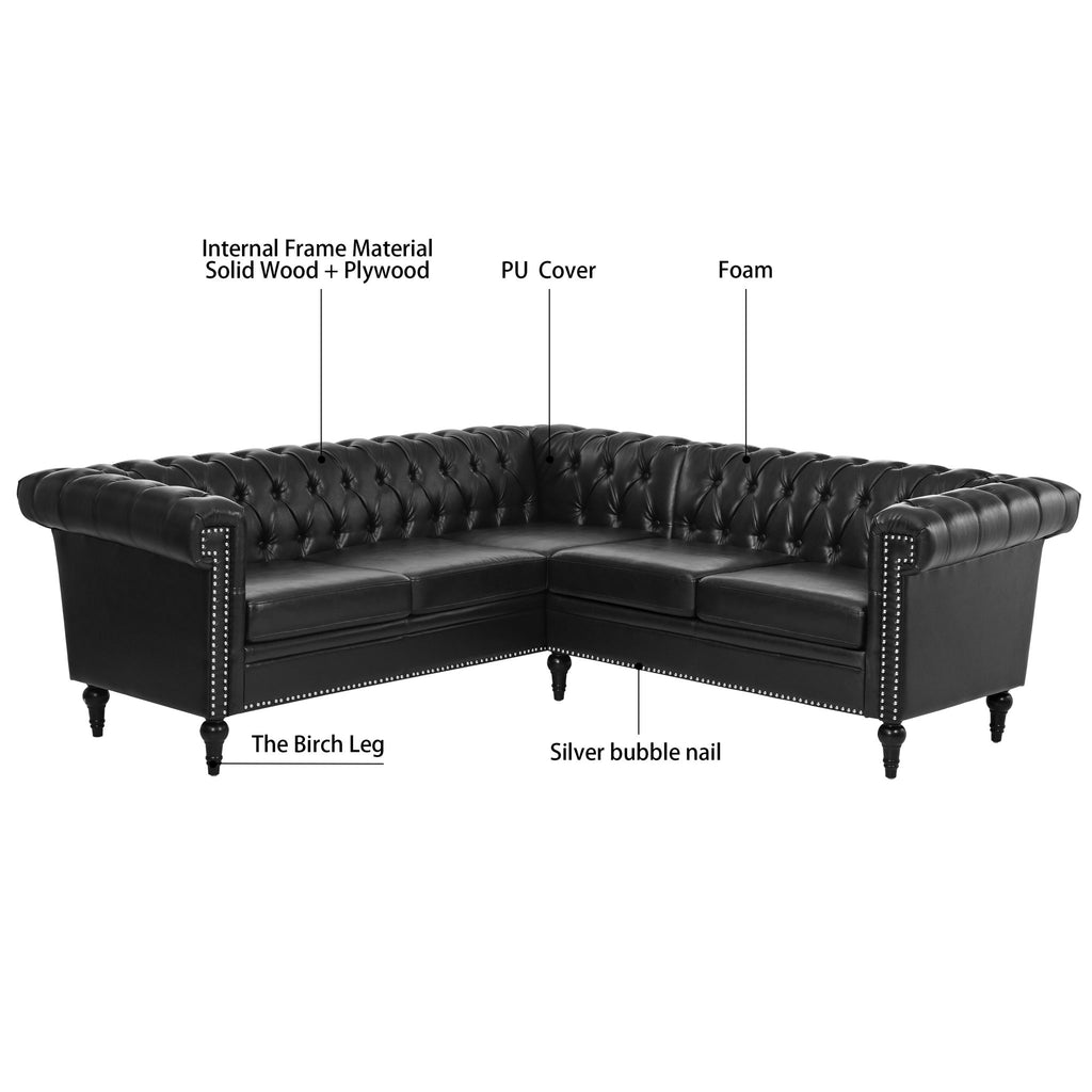 L Shaped Reversible Modern Chesterfield Sofa With Rolled Arms And Nailhead, 5 Seat Tufted Couch