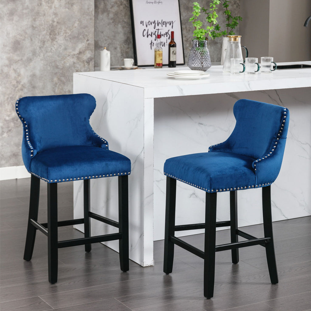 Contemporary Upholstered Wing-Back Barstools With Button Tufted Decoration And Wooden Legs, And Nailhead Trim, Leisure Style Bar Chairs, Bar Stools (Set of 2)