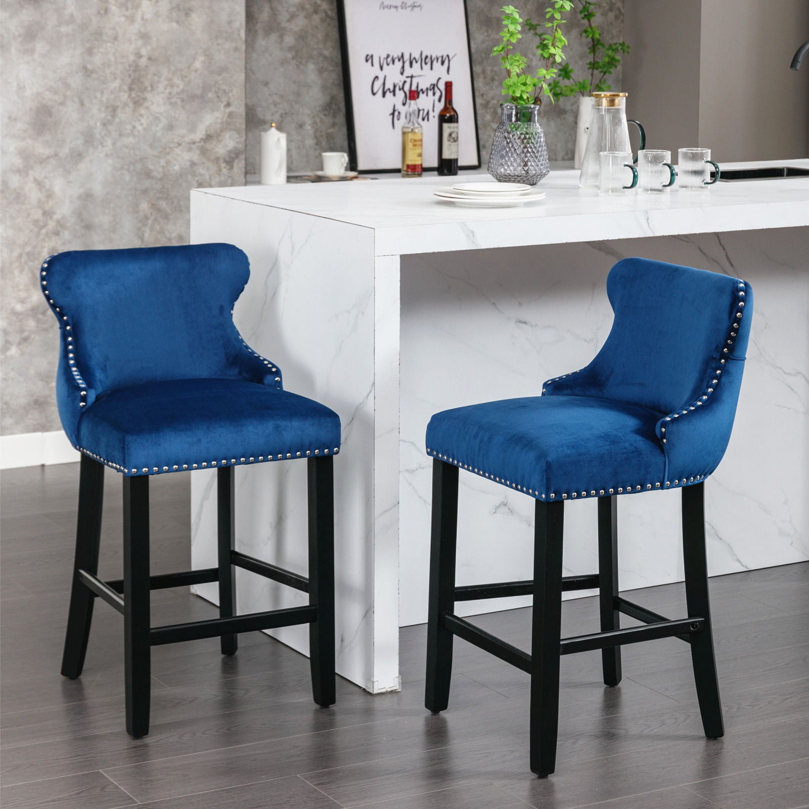 Contemporary Upholstered Wing-Back Barstools With Button Tufted Decoration And Wooden Legs, And Nailhead Trim, Leisure Style Bar Chairs, Bar Stools (Set of 2)