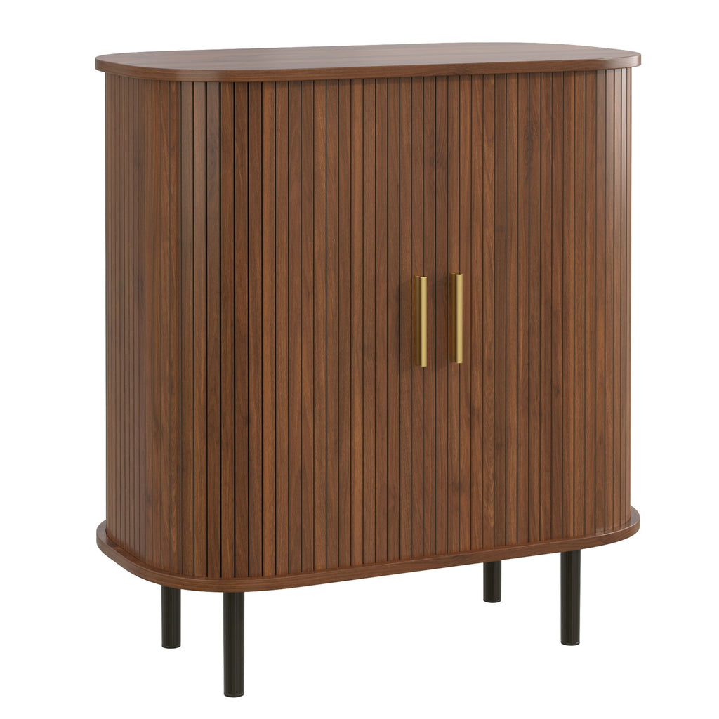 Fluted Wine Bar Cabinet With 8 Grid Wine Rack, 5 Level Adjustable Shelves, 2 Glass Holders