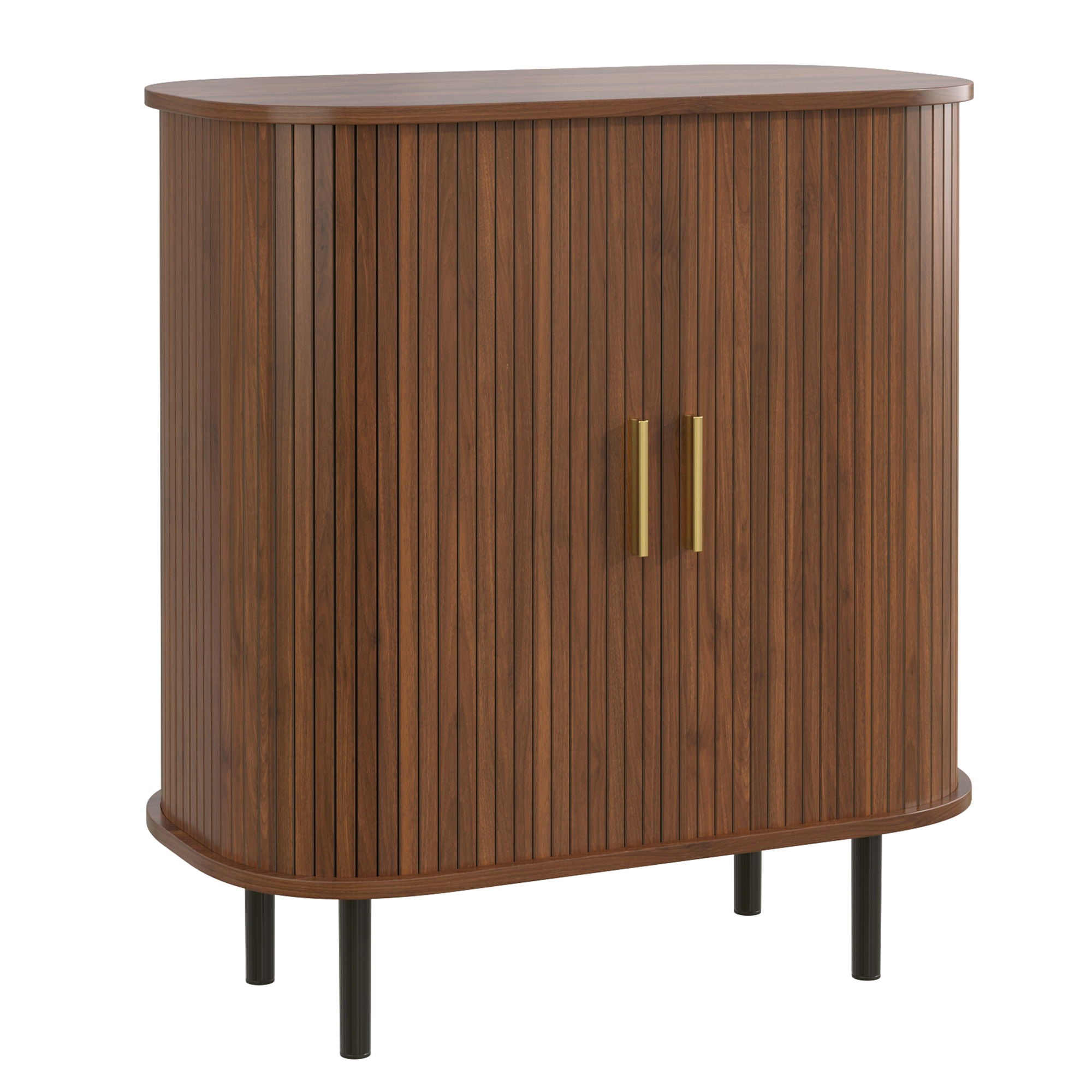 Fluted Wine Bar Cabinet With 8 Grid Wine Rack, 5 Level Adjustable Shelves, 2 Glass Holders
