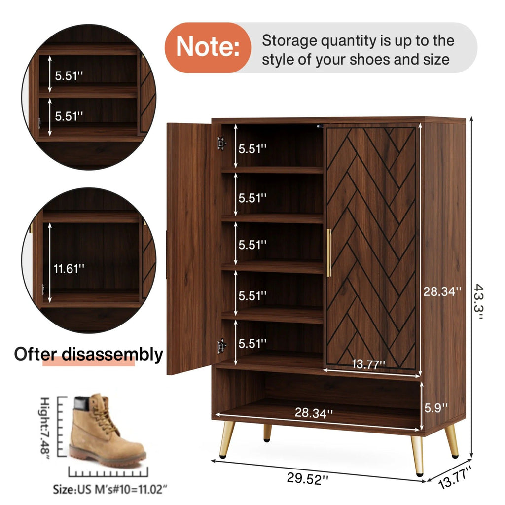 6 Tier Wooden Entryway Shoe Cabinet, Wide Storage Unit For 24 Pairs Of Shoes - Walnut
