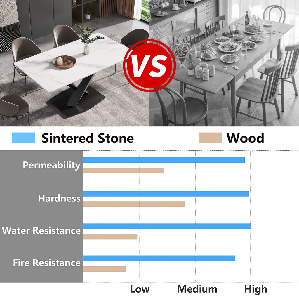 Modern Artificial Stone Straight Edge Metal X Leg Dining Table, 6 People