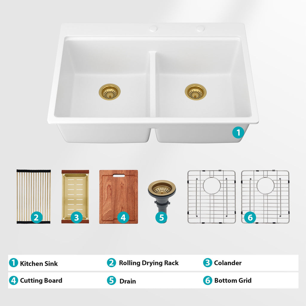 Quartz Kitchen Sink, Granite Composite Double Bowl, Undermount Workstation