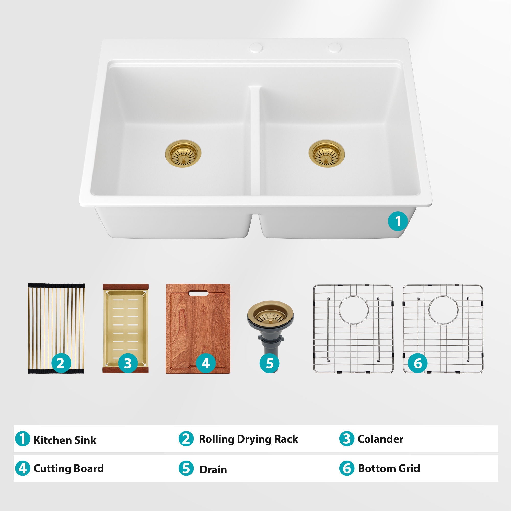 Quartz Kitchen Sink, Granite Composite Double Bowl, Undermount Workstation