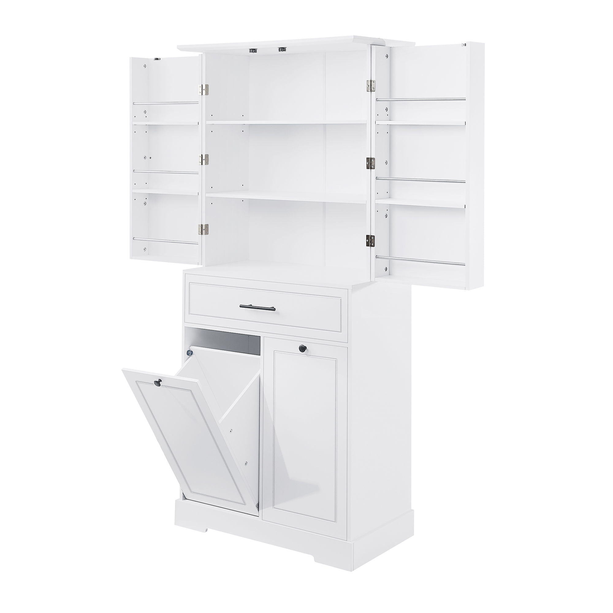 Freestanding Bathroom Storage Cabinet With Doors, Drawers, And Tilt Out Laundry Hamper - White