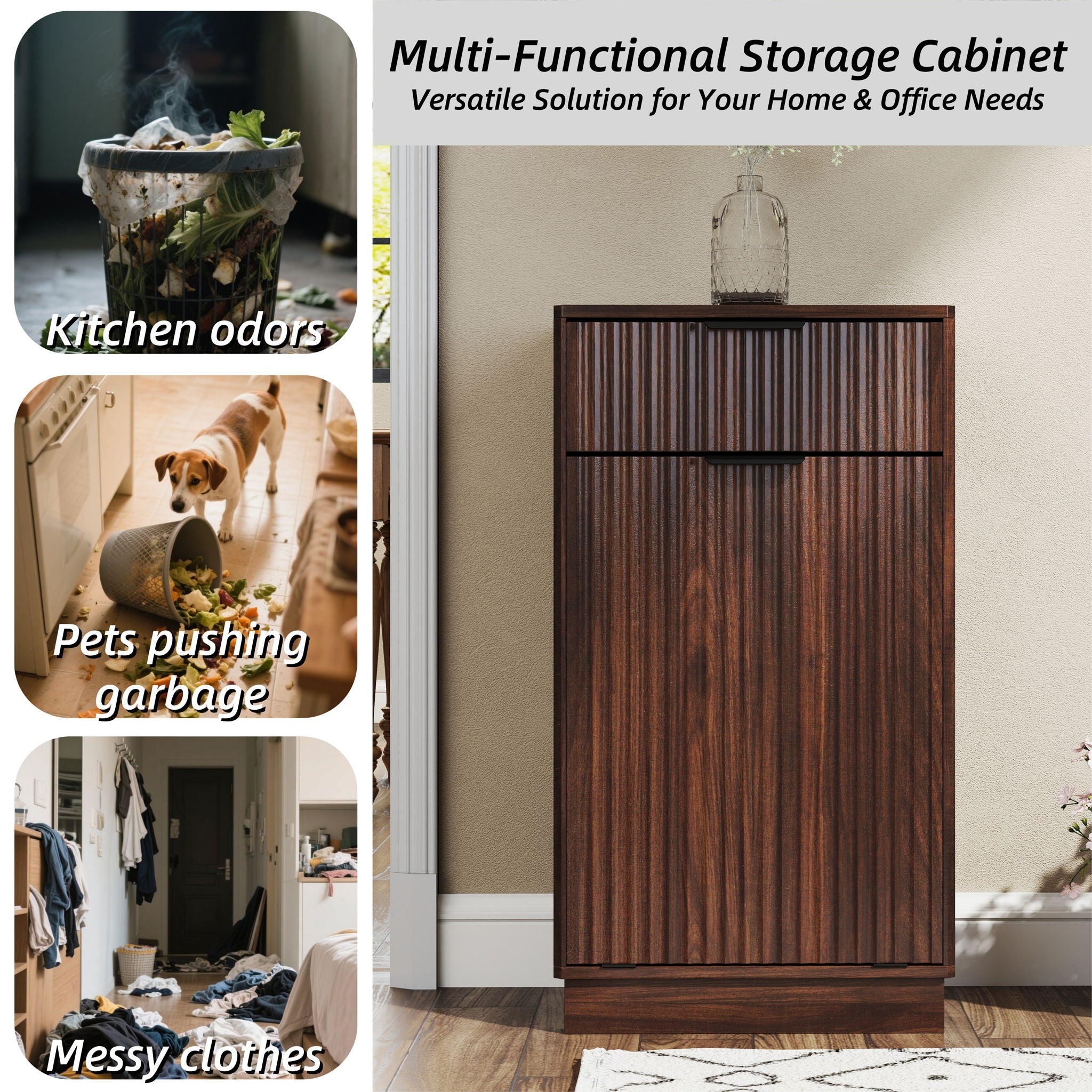 Tilt Out Trash Can Cabinet With Wave Textured Drawer & Pull Out Bin