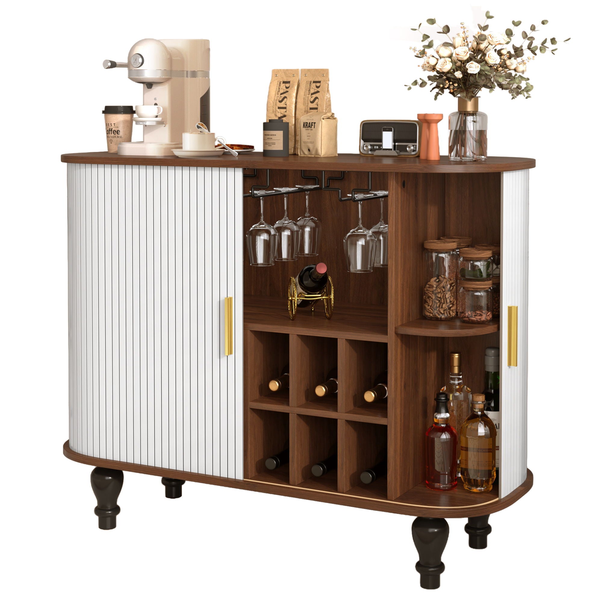 Fluted Liquor & Coffee Bar Cabinet With 6 Wine Racks And 3 Glass Holders