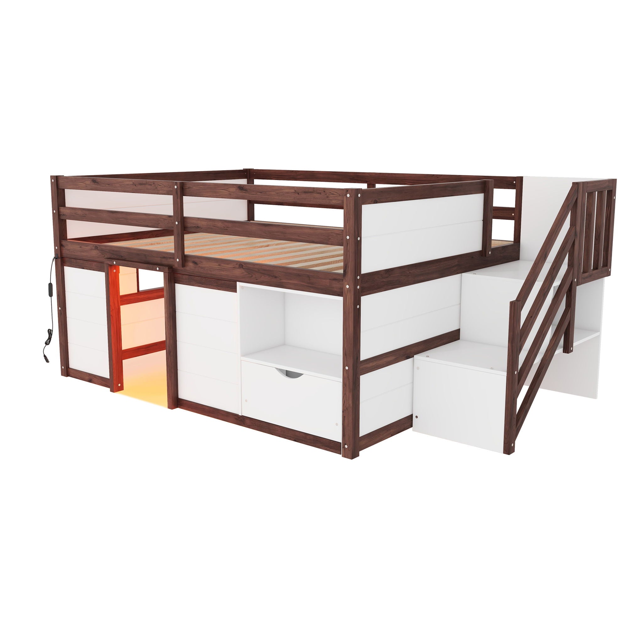 Low Loft Bed Frame With Built In Stairs, Storage Drawer, Shelf And 7 Color LED Light