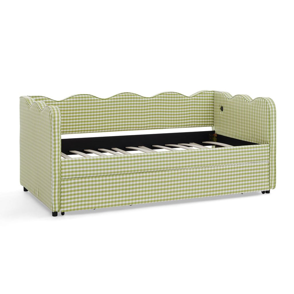 Gingham Daybed With USB Charging Port, Wave-Shaped Design