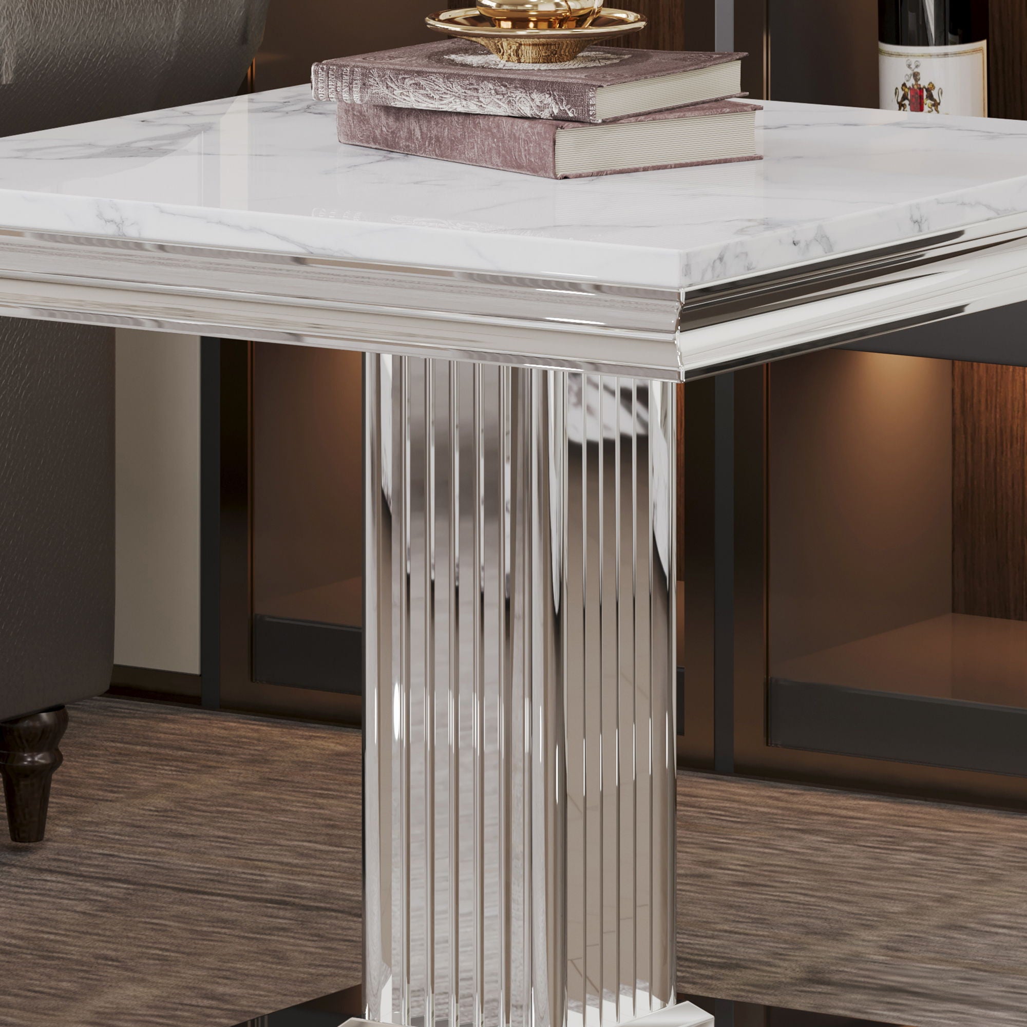 Marble Printed Top Rectangular End Table, Base With Mirrored Finish