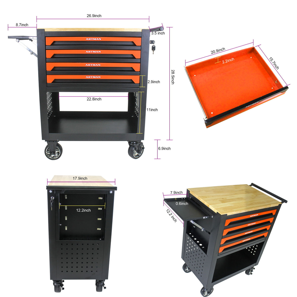 4 Drawers Multifunctional Tool Cart With Wheels And Wooden Top - Orange