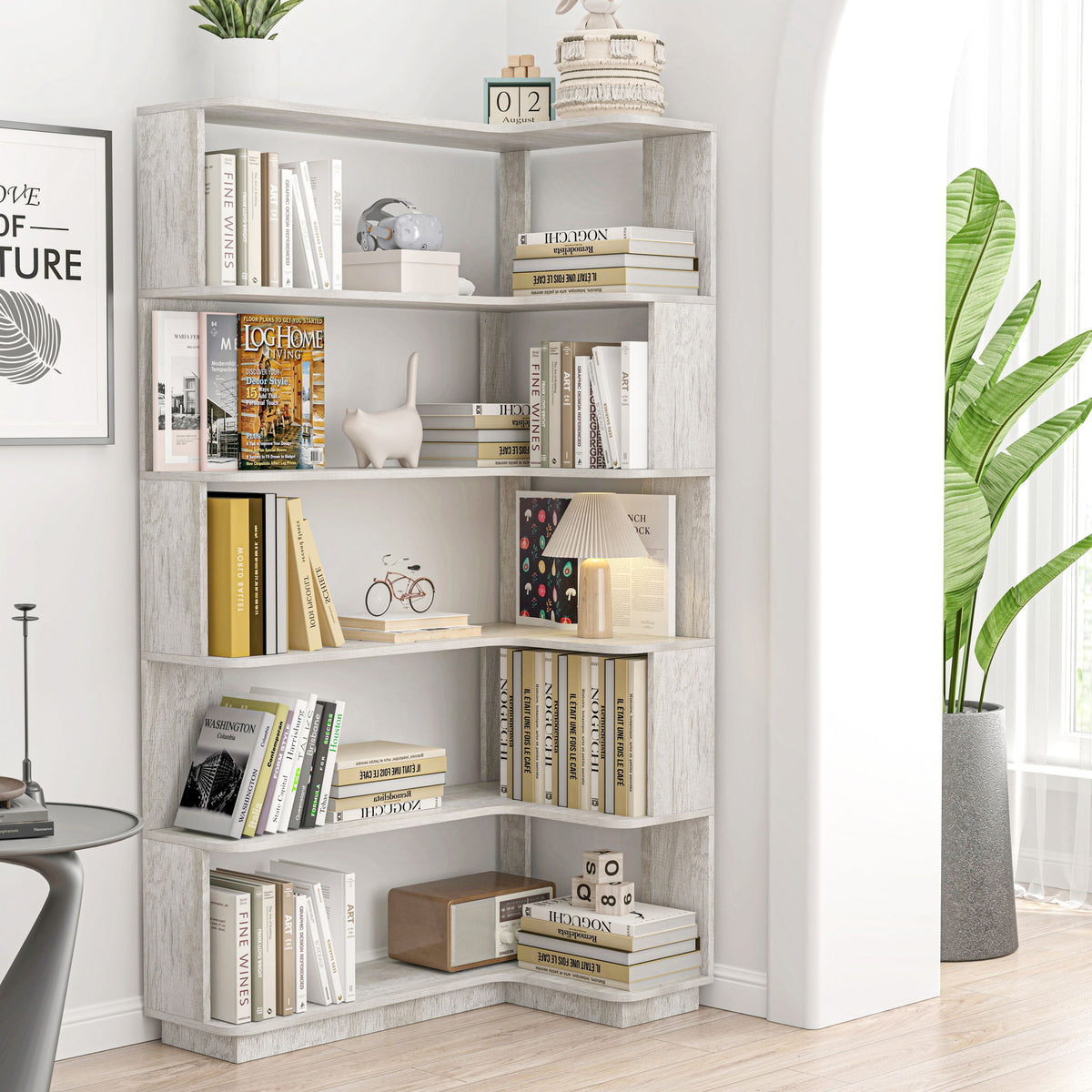 Extended Corner Bookshelf For Living Room - Light Gray