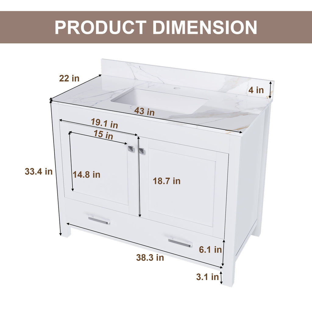 43" Bathroom Vanity, Multi Functional Cabinet, Doors And Drawer - White