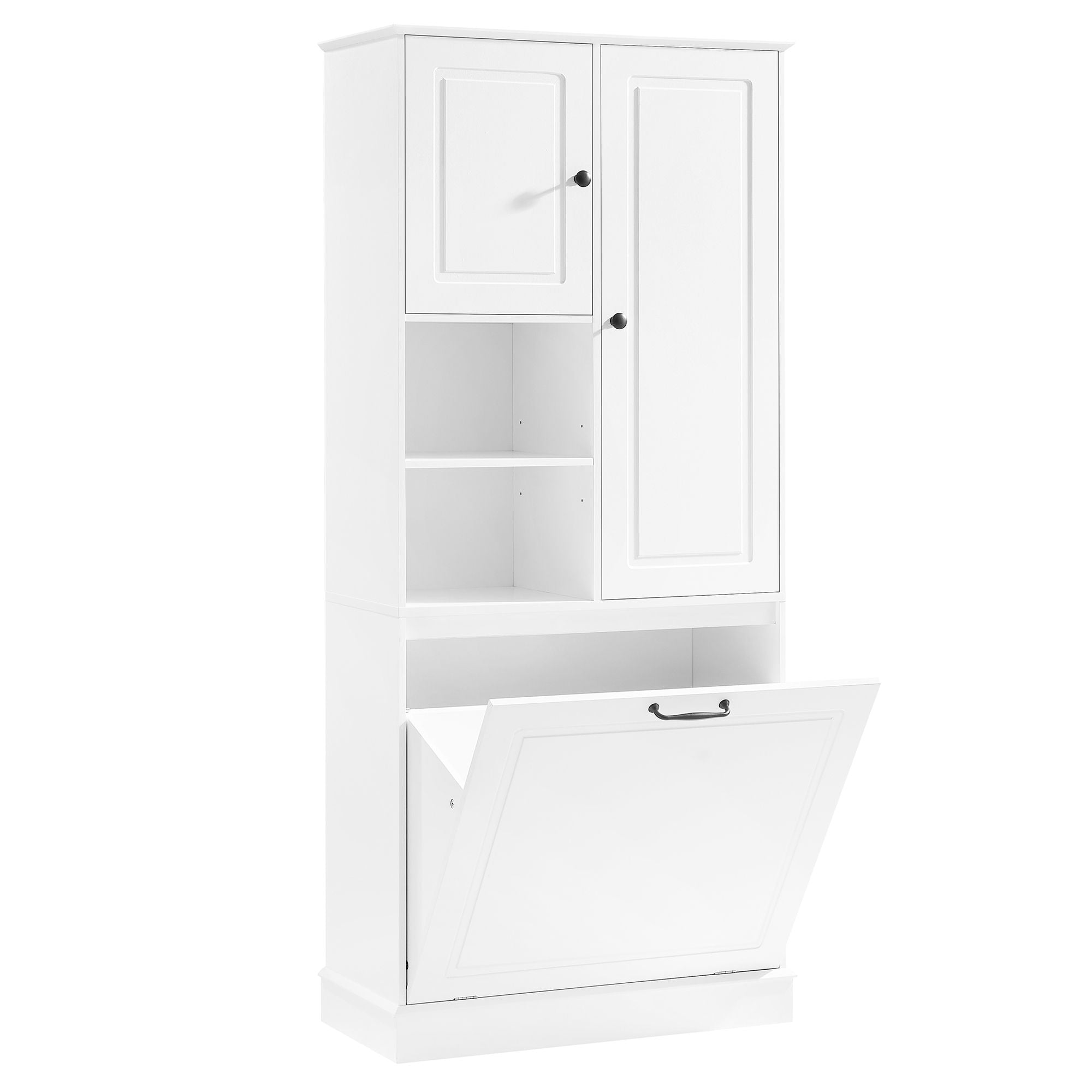 Modern Tall Storage Cabinet With Adjustable Shelves, Flip-Out Basket & Enclosed Doors