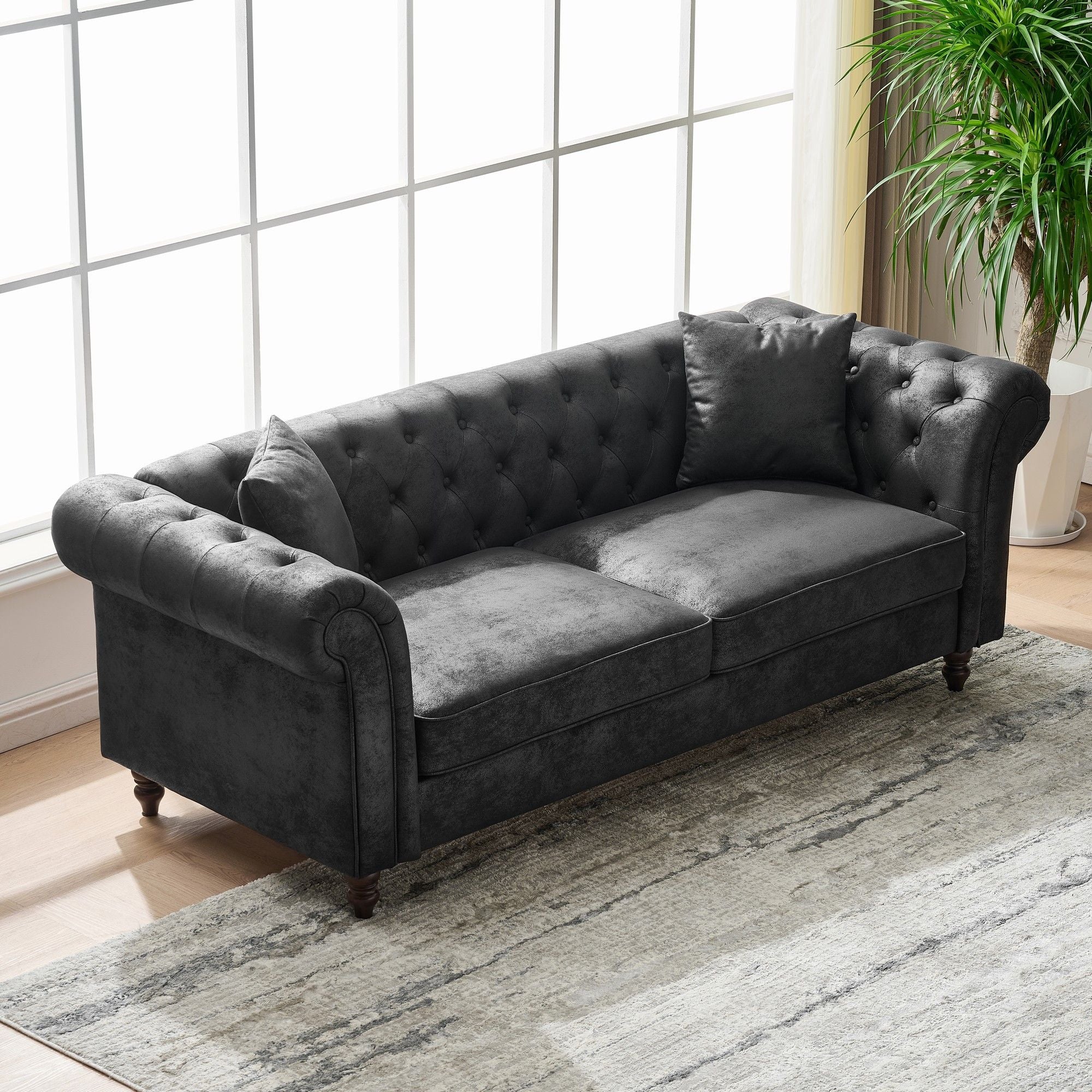 Chesterfield Sofa, High Tech Fabric Roll Armrest, 3 Seater Couch - Black