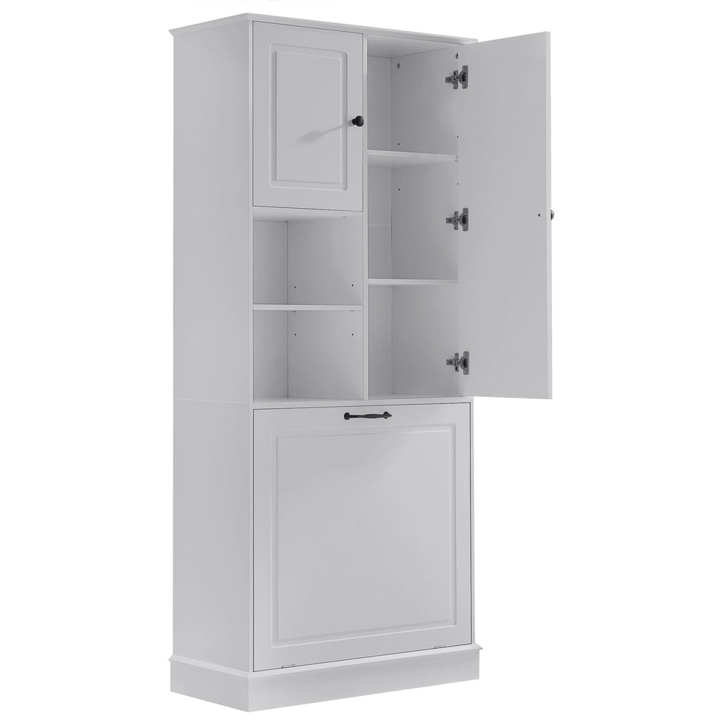 Modern Tall Storage Cabinet With Adjustable Shelves, Flip-Out Basket & Enclosed Doors