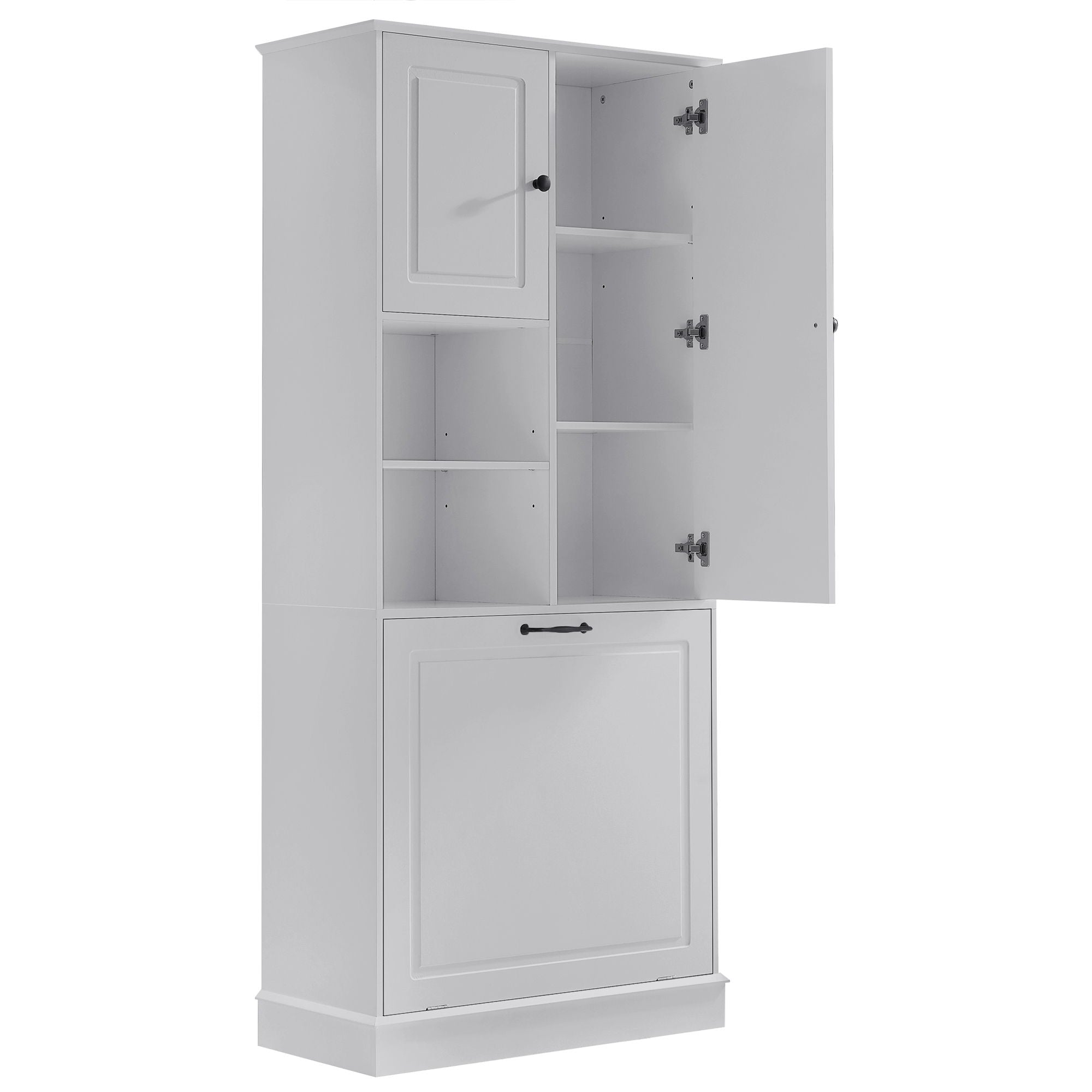 Modern Tall Storage Cabinet With Adjustable Shelves, Flip-Out Basket & Enclosed Doors
