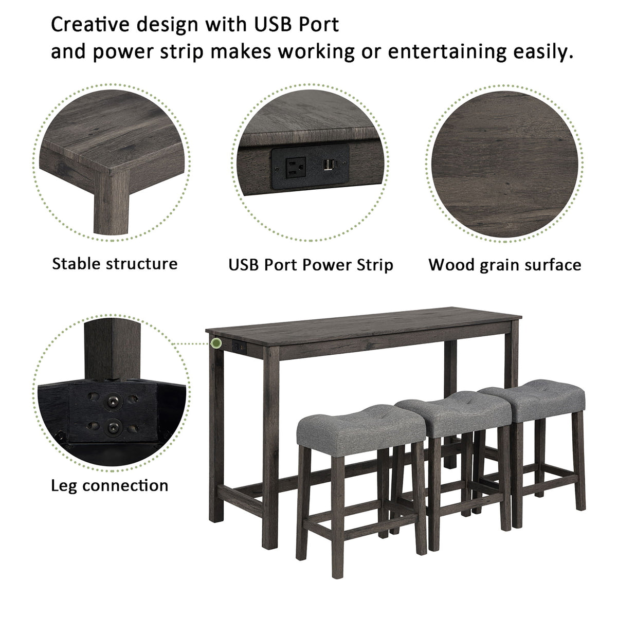 4 Piece Bar Table Set With Power Outlet, 3 Padded Stools