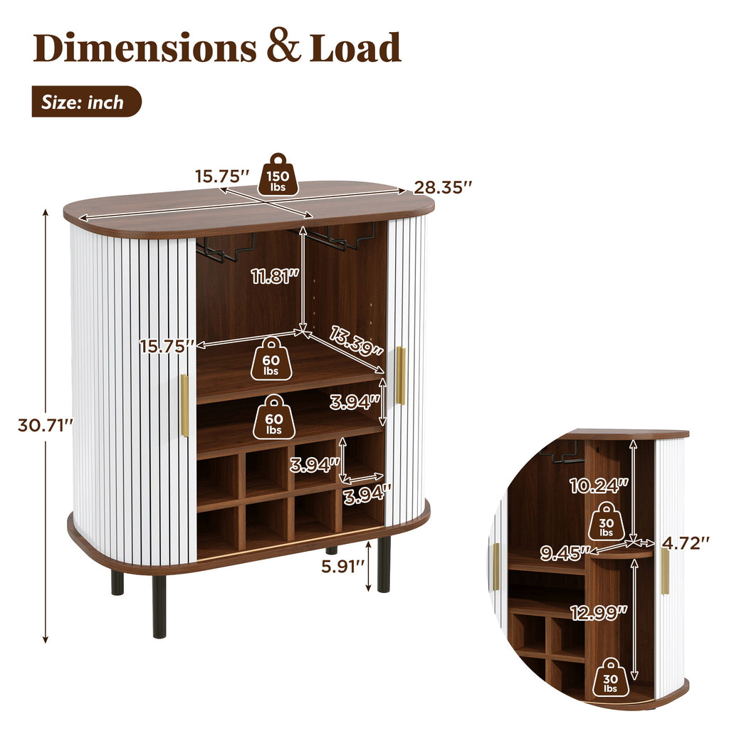 Fluted Wine Bar Cabinet With 8 Grid Wine Rack, 5 Level Adjustable Shelves, 2 Glass Holders