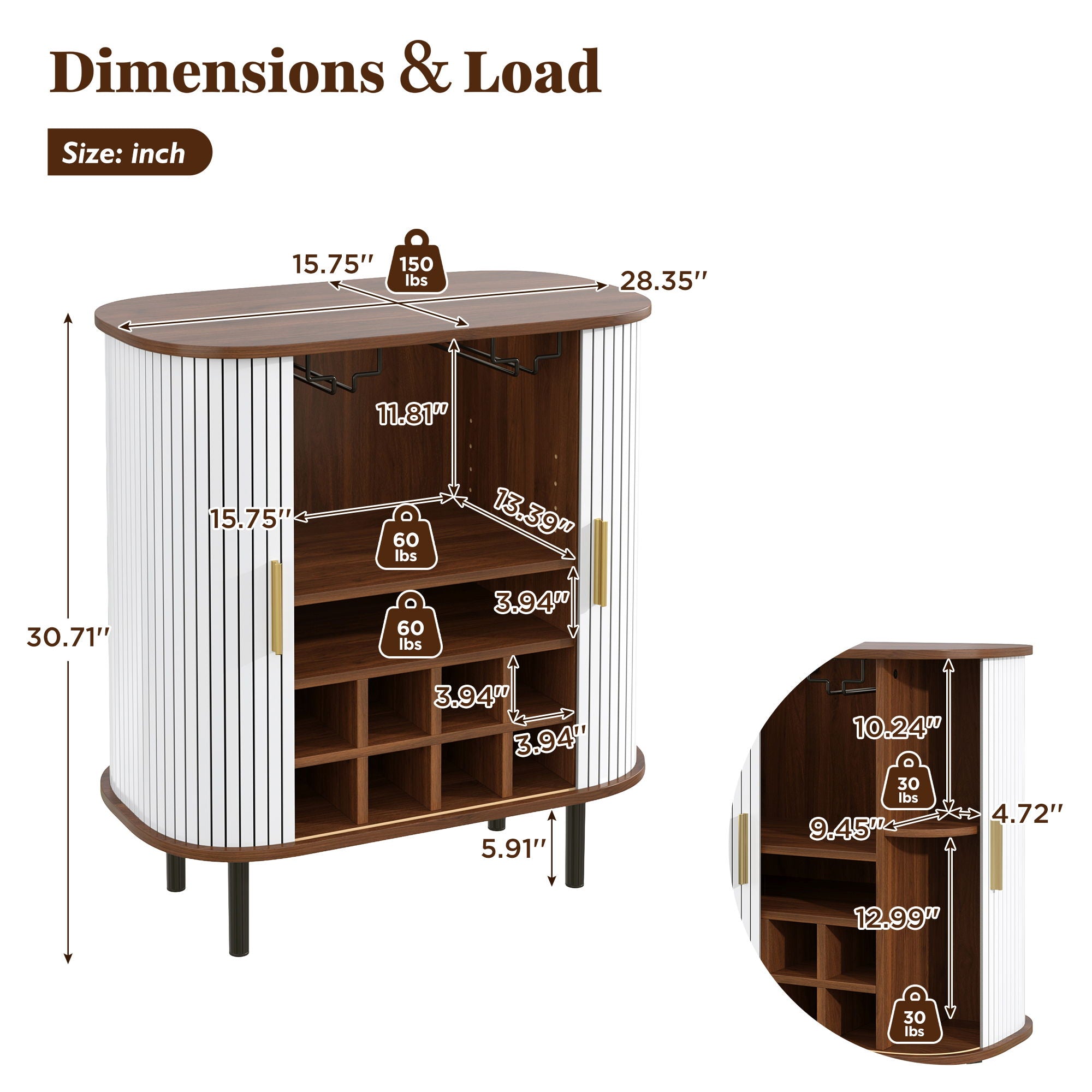 Fluted Wine Bar Cabinet With 8 Grid Wine Rack, 5 Level Adjustable Shelves, 2 Glass Holders