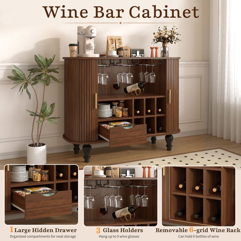 Fluted Liquor & Coffee Bar Cabinet With 6 Wine Racks And 3 Glass Holders