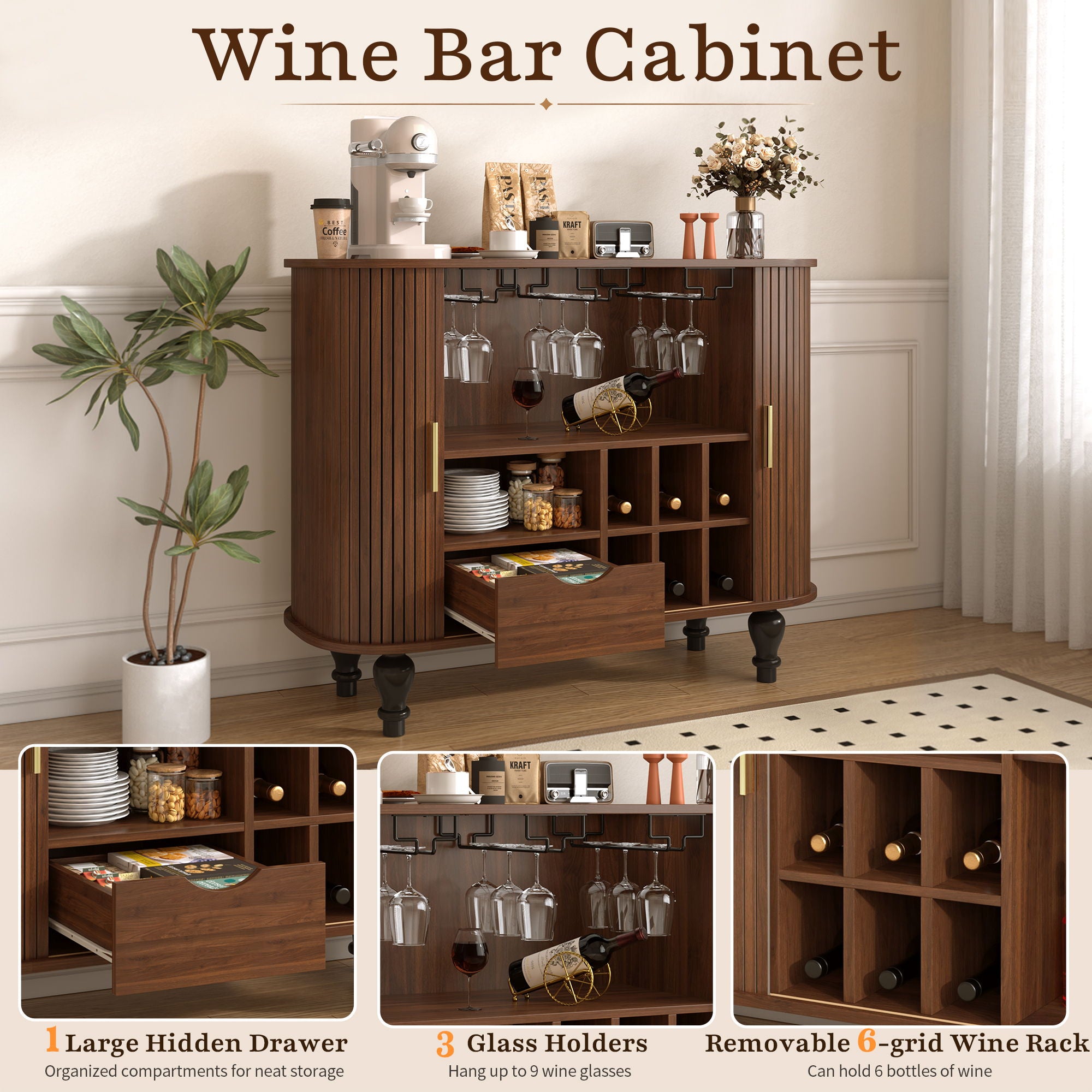 Fluted Liquor & Coffee Bar Cabinet With 6 Wine Racks And 3 Glass Holders