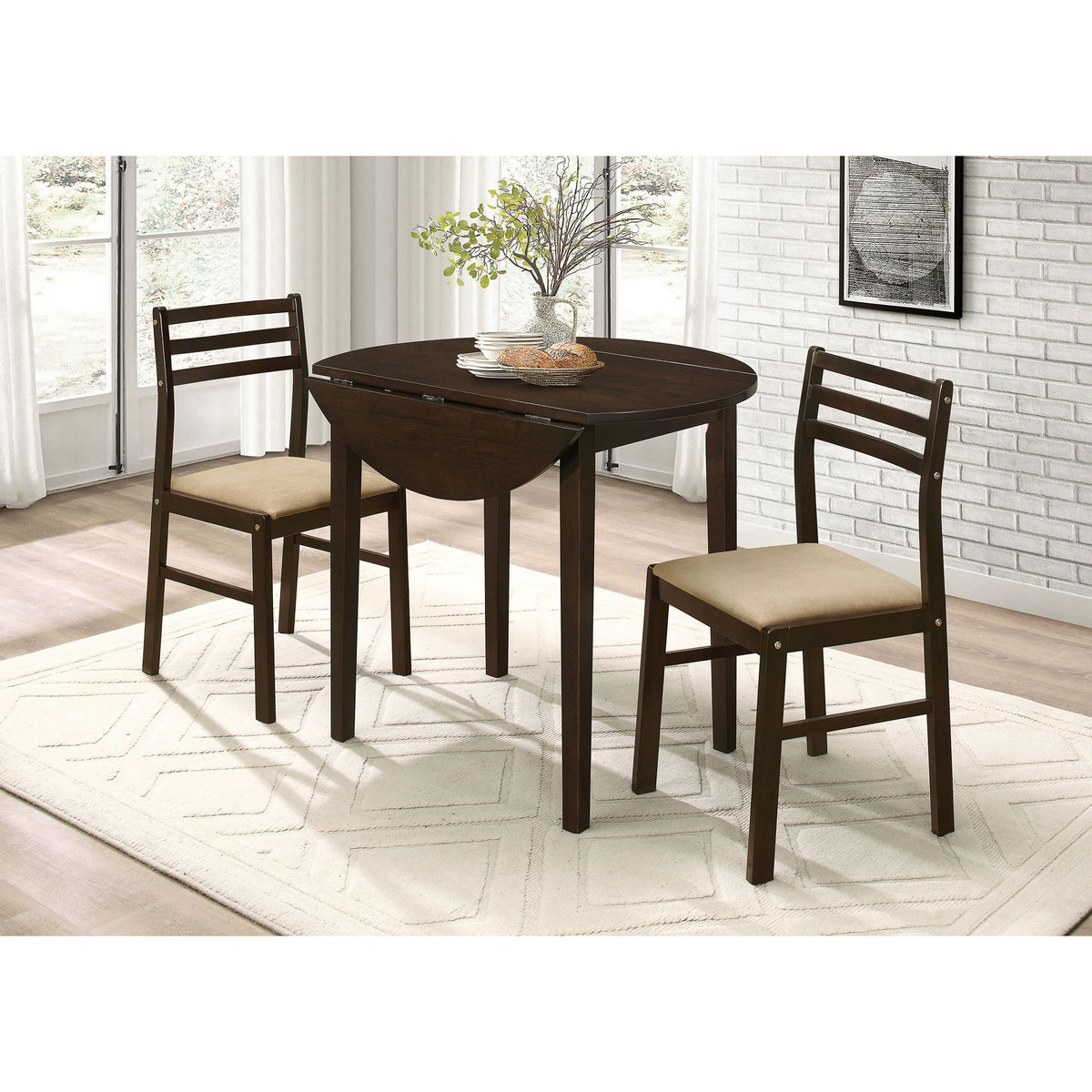 3 Piece Dining Set With Drop Leaf Table And Upholstered Chairs