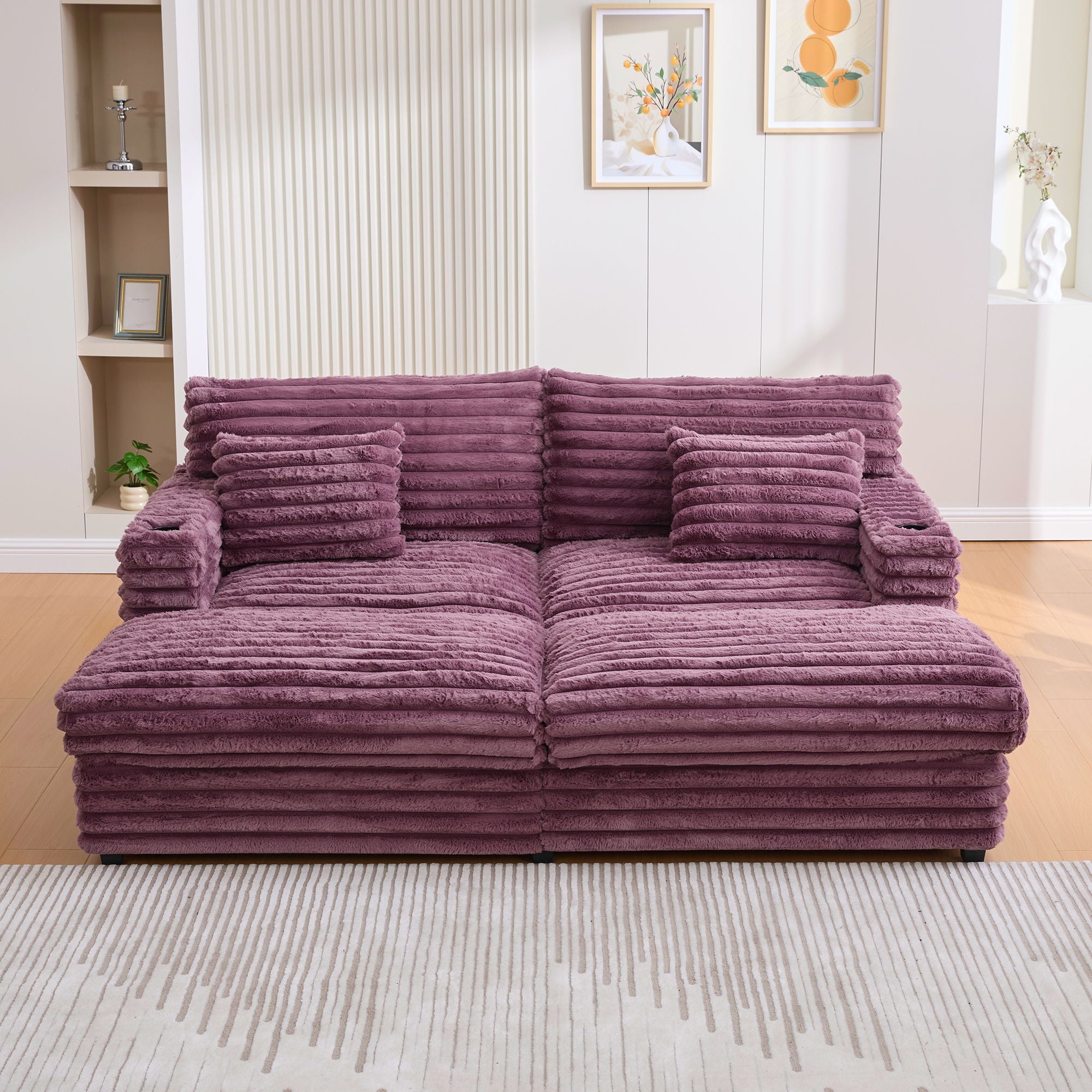 Oversized Double Chaise Lounge Sofa With USB Ports And Cup Holders