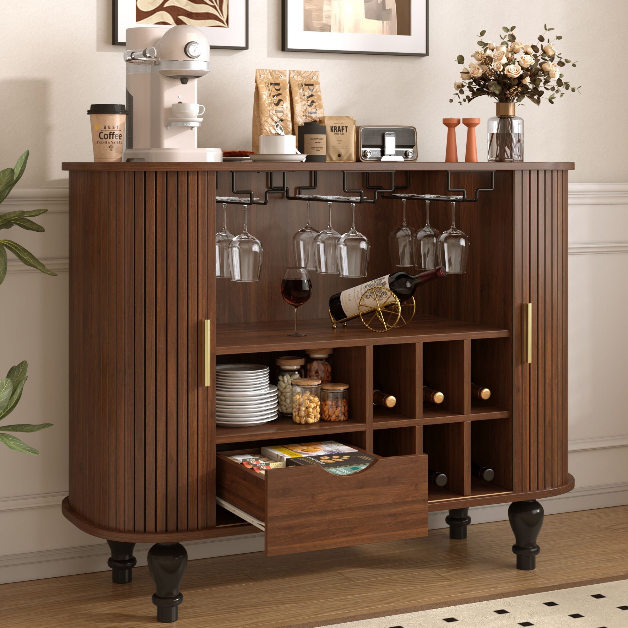 Fluted Liquor & Coffee Bar Cabinet With 6 Wine Racks And 3 Glass Holders