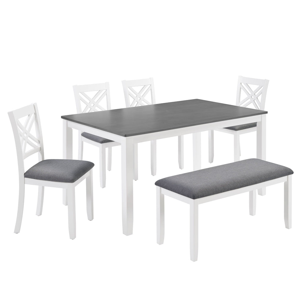 6 Piece Kitchen Dining Set, Rectangular Dining Table With 4 Upholstered Chairs And Bench - Gray / White
