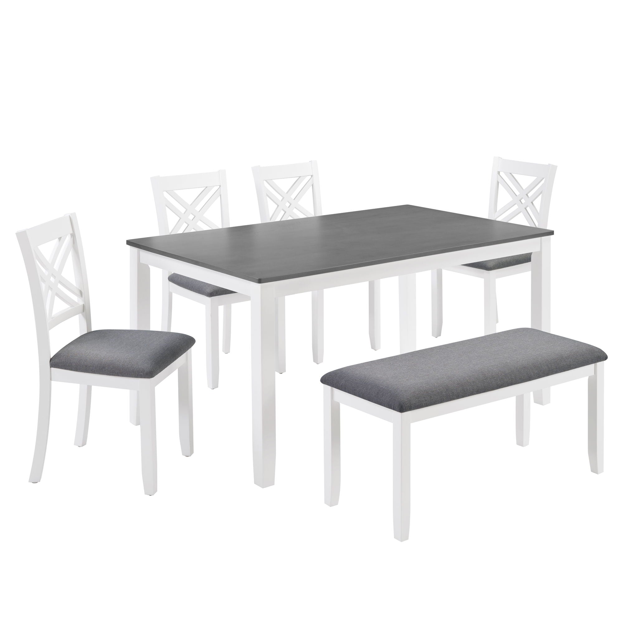 6 Piece Kitchen Dining Set, Rectangular Dining Table With 4 Upholstered Chairs And Bench - Gray / White