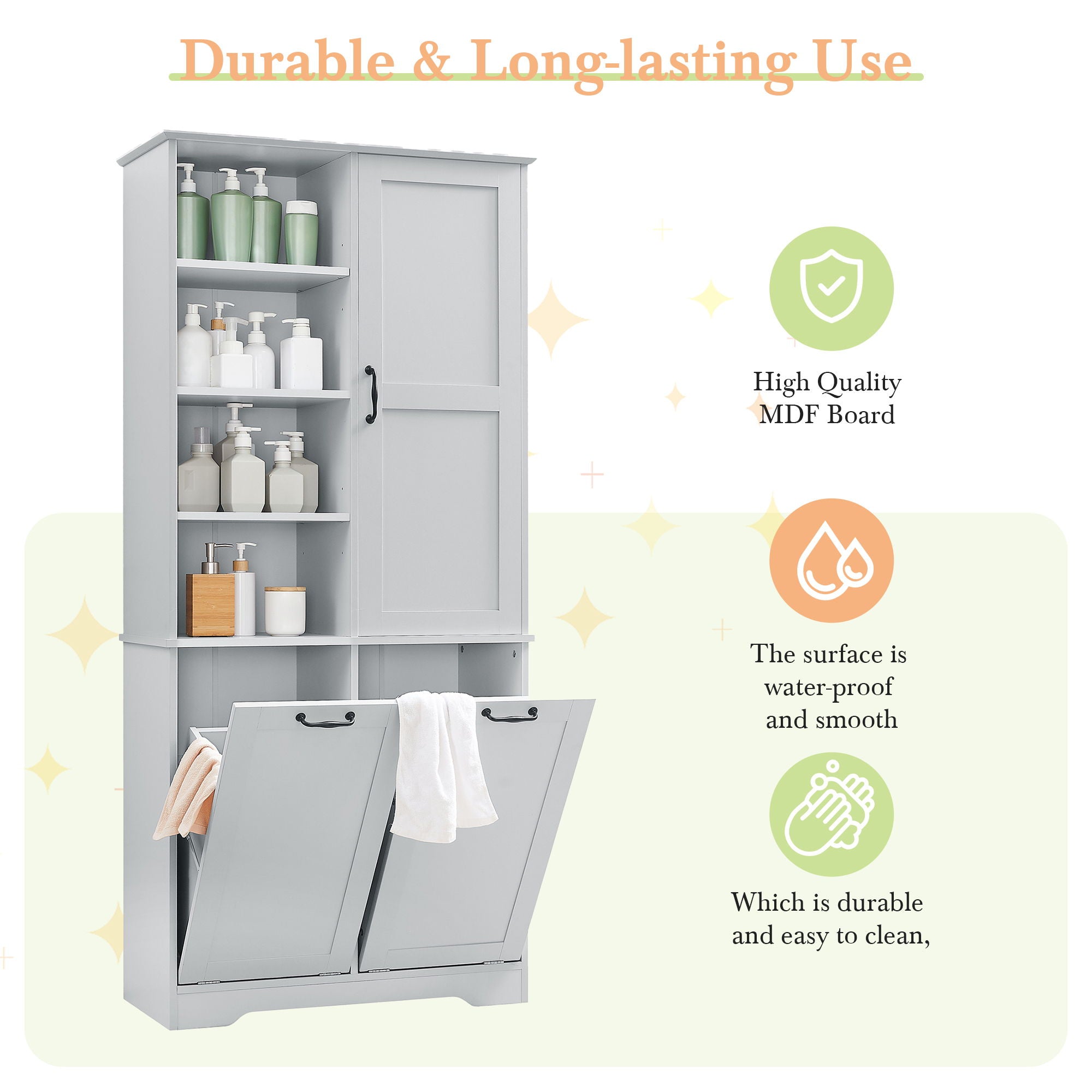 Freestanding Bathroom Storage Cabinet With Doors And Drawers, Adjustable Shelves, Tilt-Out Laundry Hamper