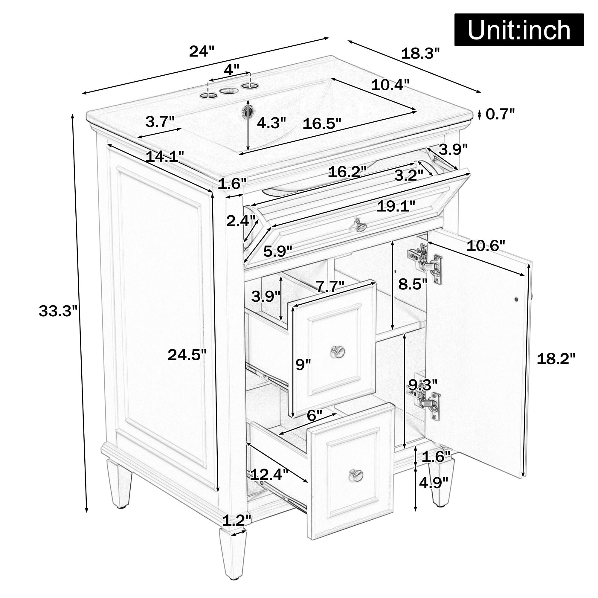 24" Bathroom Vanity With Sink, Cabinet, Adjustable Shelf, Flip Drawer & 2 Drawers - Black