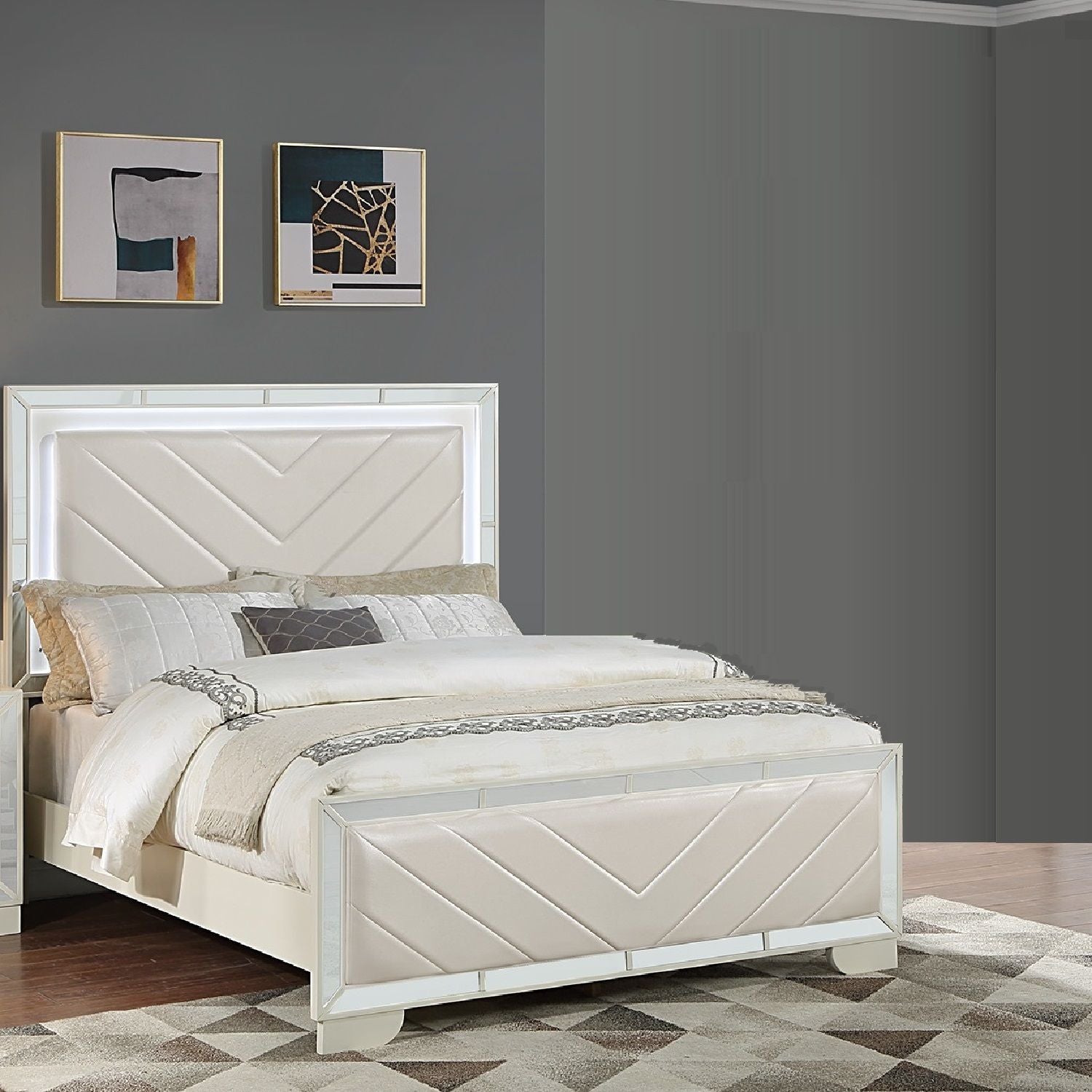 1 Piece Eastern King Size Upholstered Headboard And Footboard With Built In LED Lights