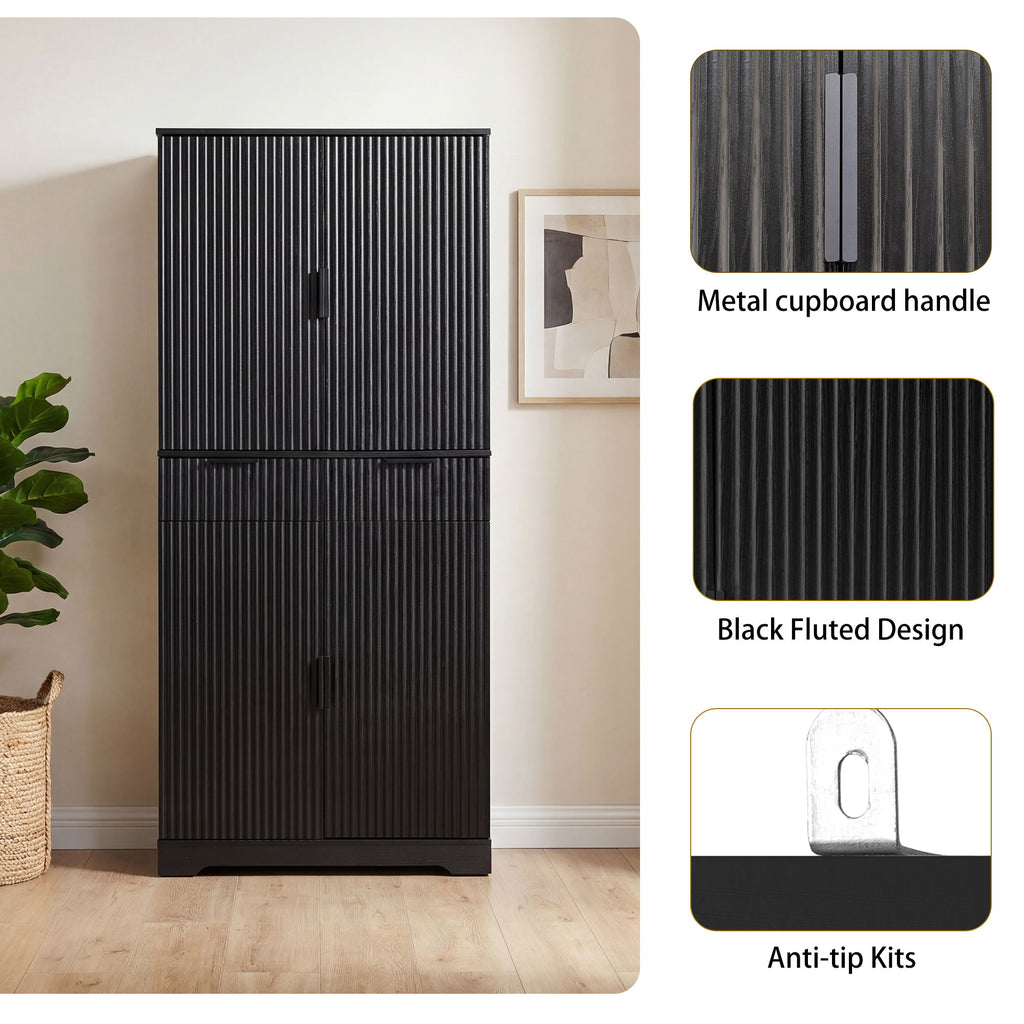 Fluted Kitchen Pantry Cabinet With 3 Keyboard Drawers & 6 Door Shelves Adjustable