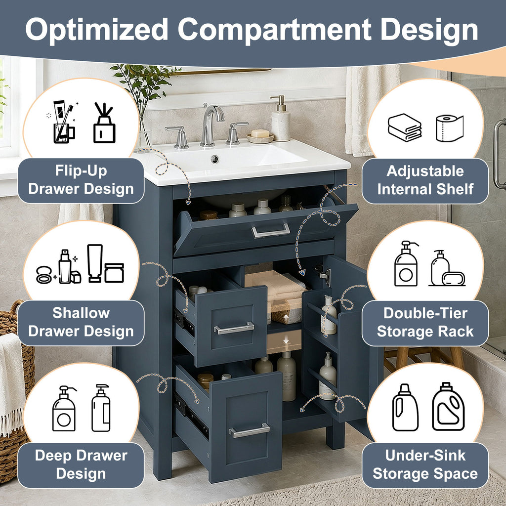 Modern Bathroom Vanity With Sink, Flip Drawer & 2 Drawers, Soft Close Hinges, Adjustable Shelf