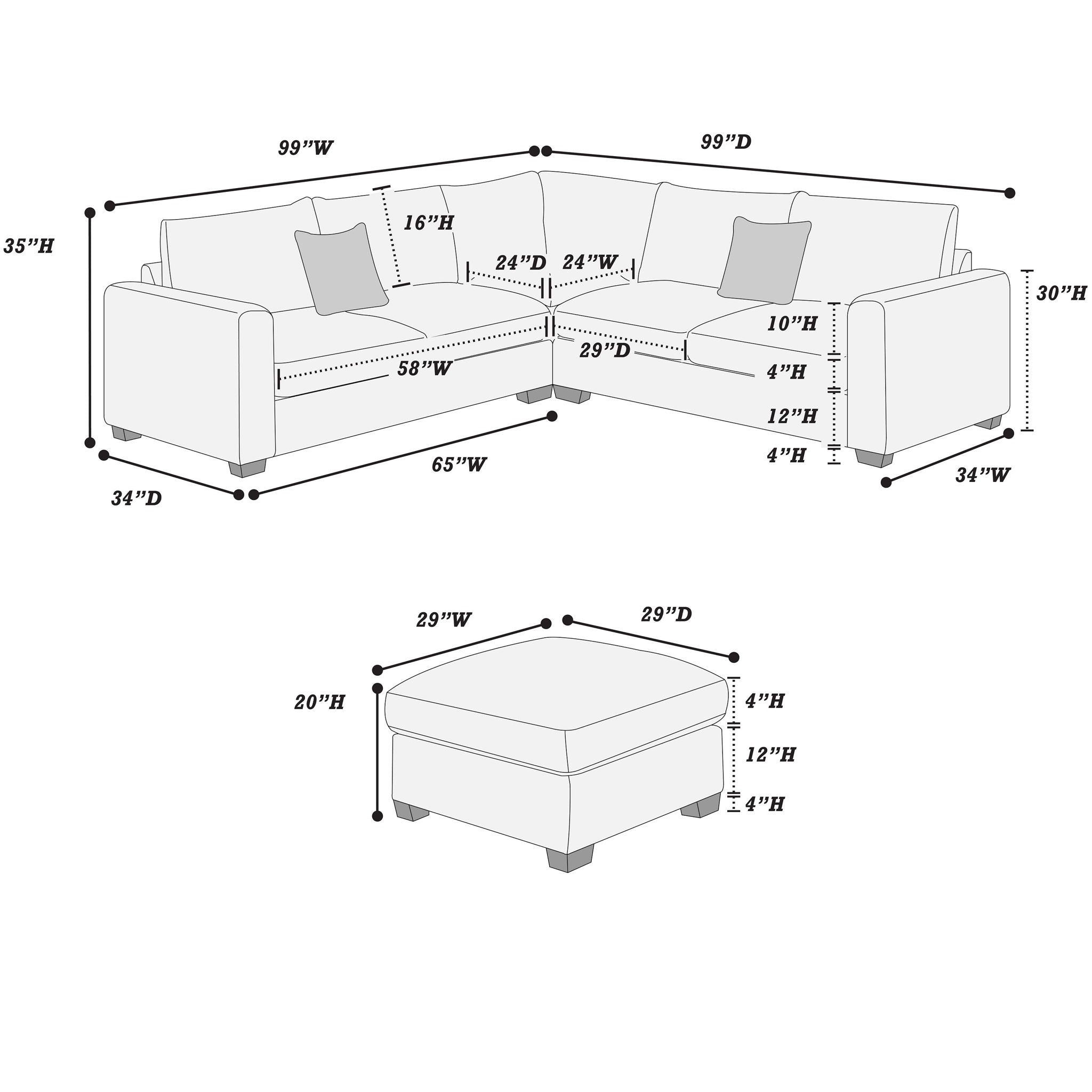 Modern Style L-Shaped Sectional Set With Ottoman