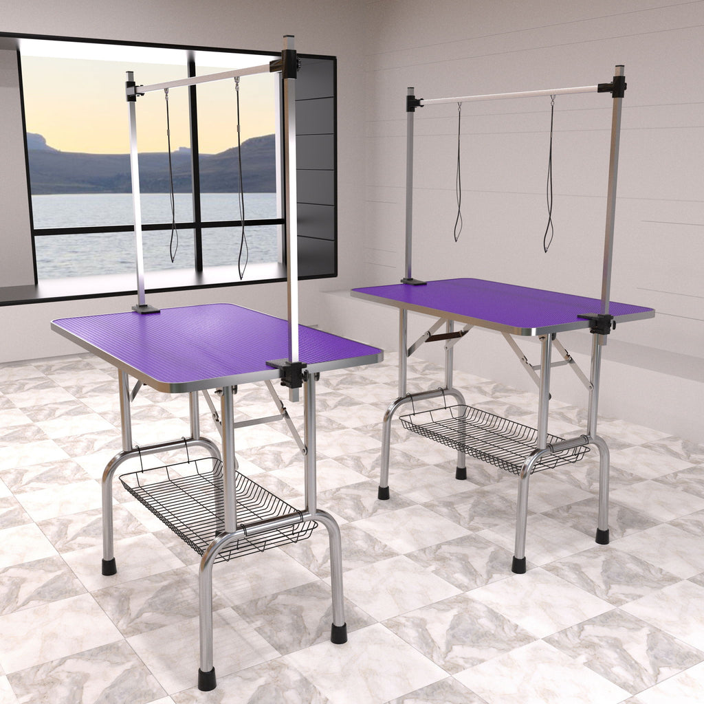 Folding Dog Pet Grooming Table Stainless Steel Frame Rubber Mat On Board With Adjustable Arm And Clamps Pet Dog Cat Grooming Table