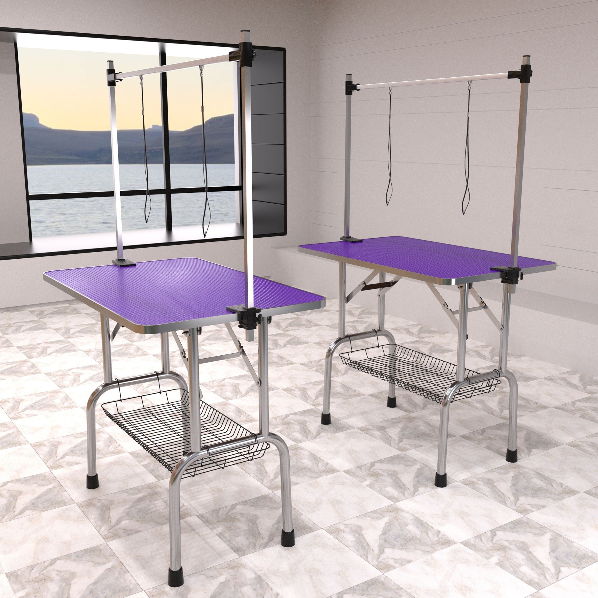 Folding Dog Pet Grooming Table Stainless Steel Frame Rubber Mat On Board With Adjustable Arm And Clamps Pet Dog Cat Grooming Table