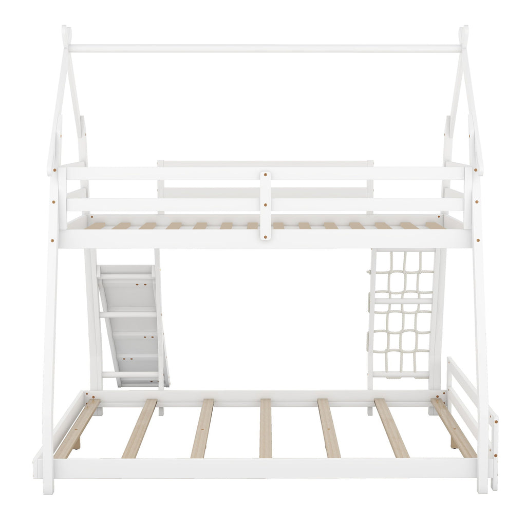 Twin Over Queen House Bunk Bed With Climbing Nets And Ramp - White