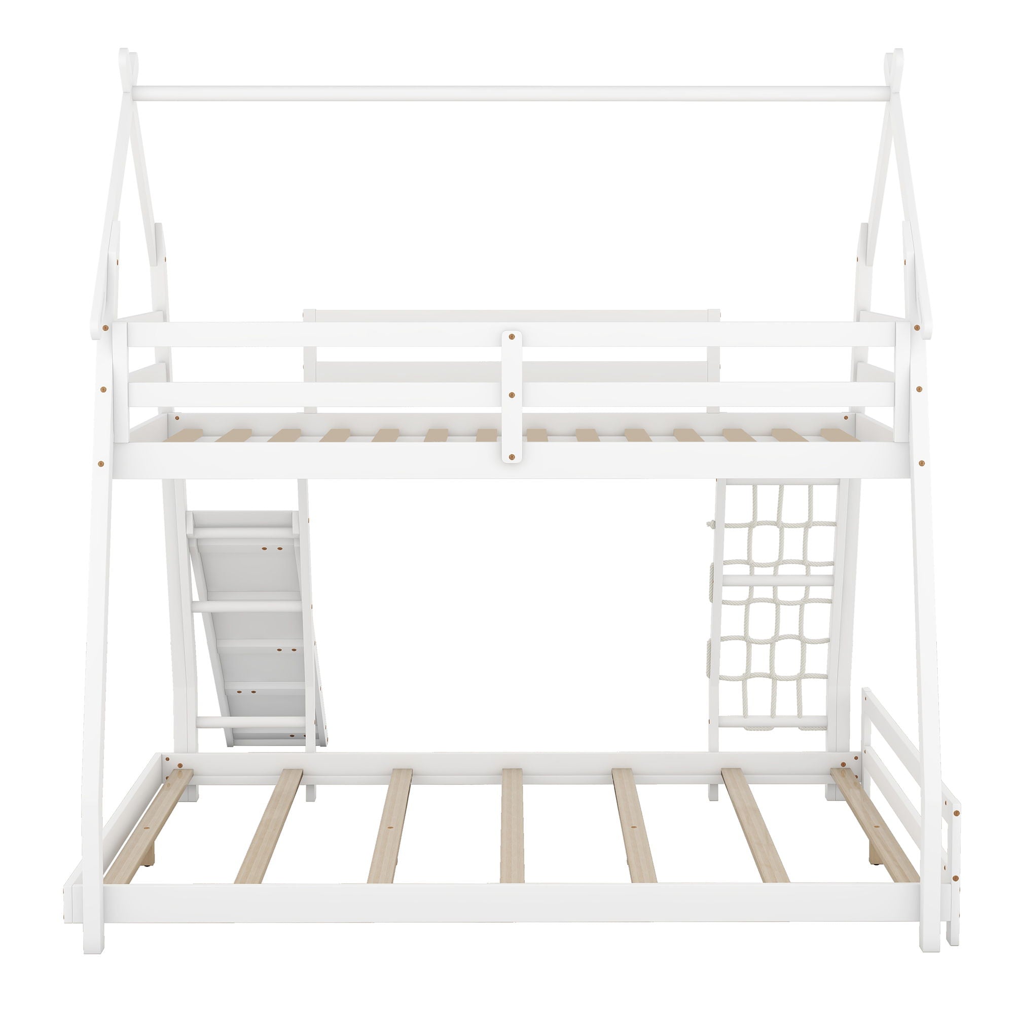 Twin Over Queen House Bunk Bed With Climbing Nets And Ramp - White