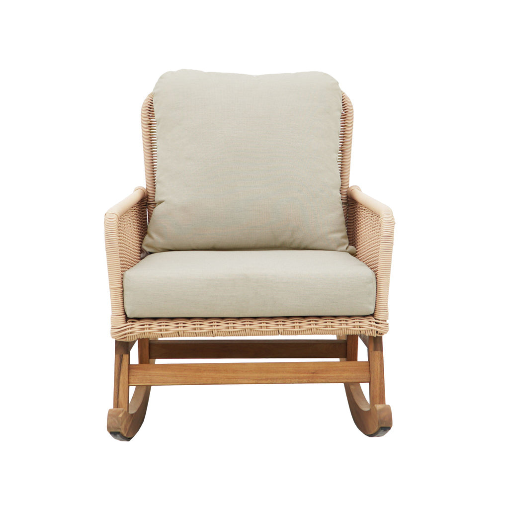 Modern 3 Piece Outdoor Seating Set With Cushioned Rattan Rocking Chairs And Wooden Accent Table