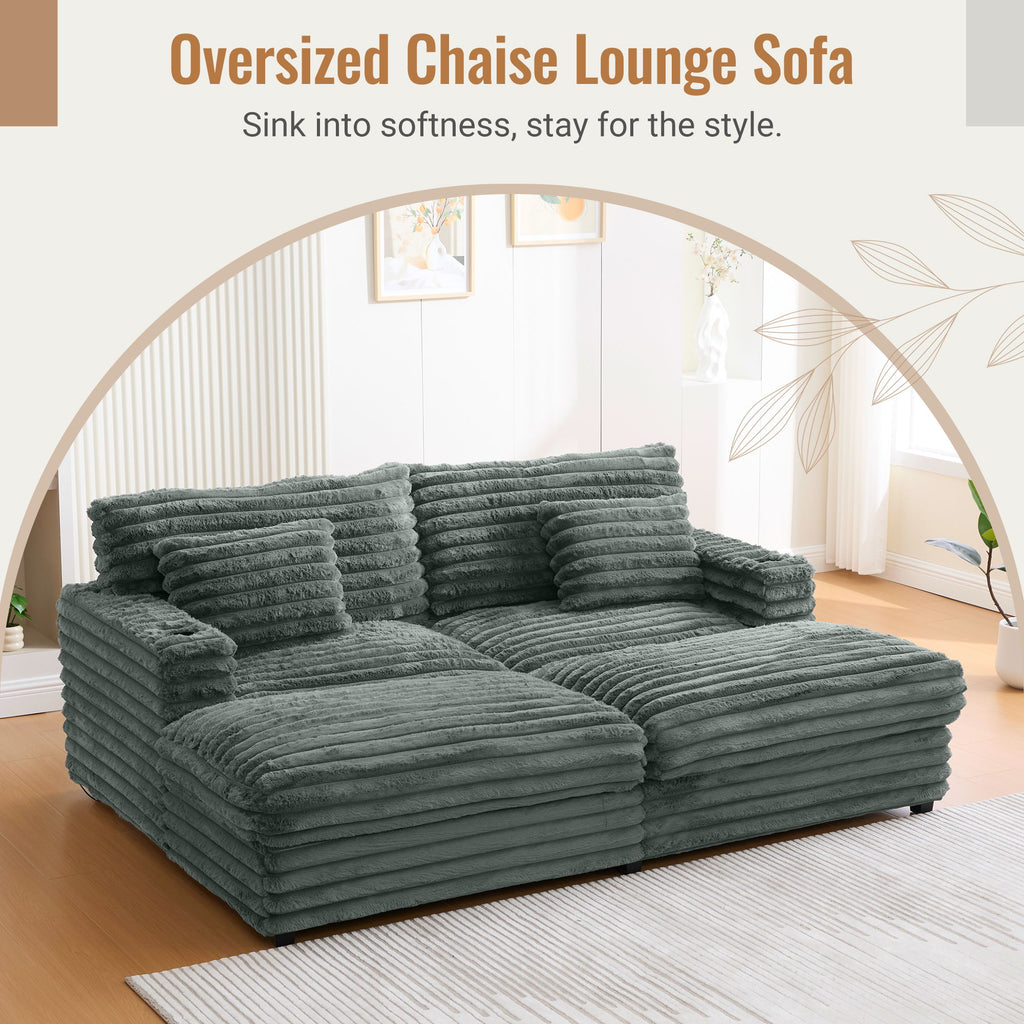 Oversized Double Chaise Lounge Sofa With USB Ports And Cup Holders