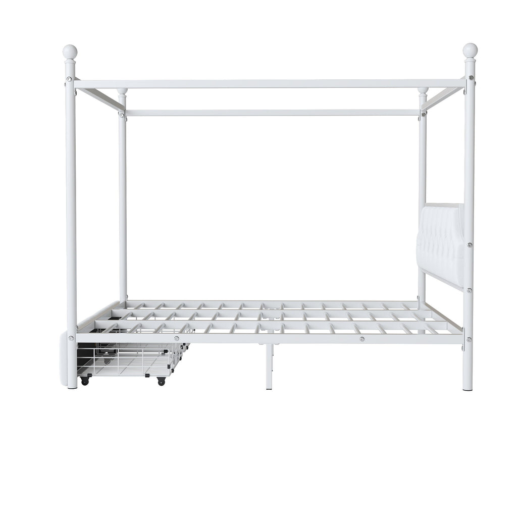 Queen Size Canopy Platform Bed With Upholstered Headboard And 2 Storage Drawers - White