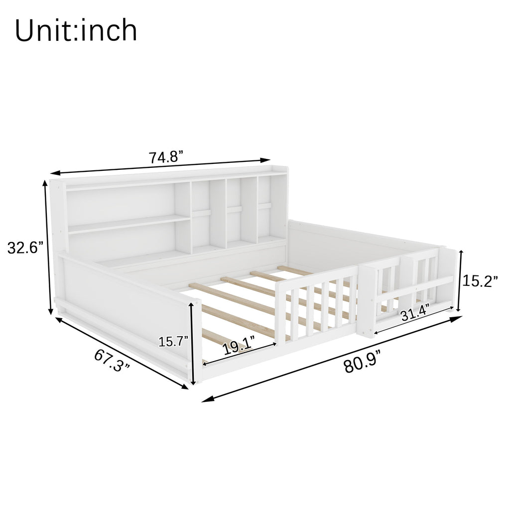 Platform Bed Frame With Guardrail, Storage Shelves & Bookshelf