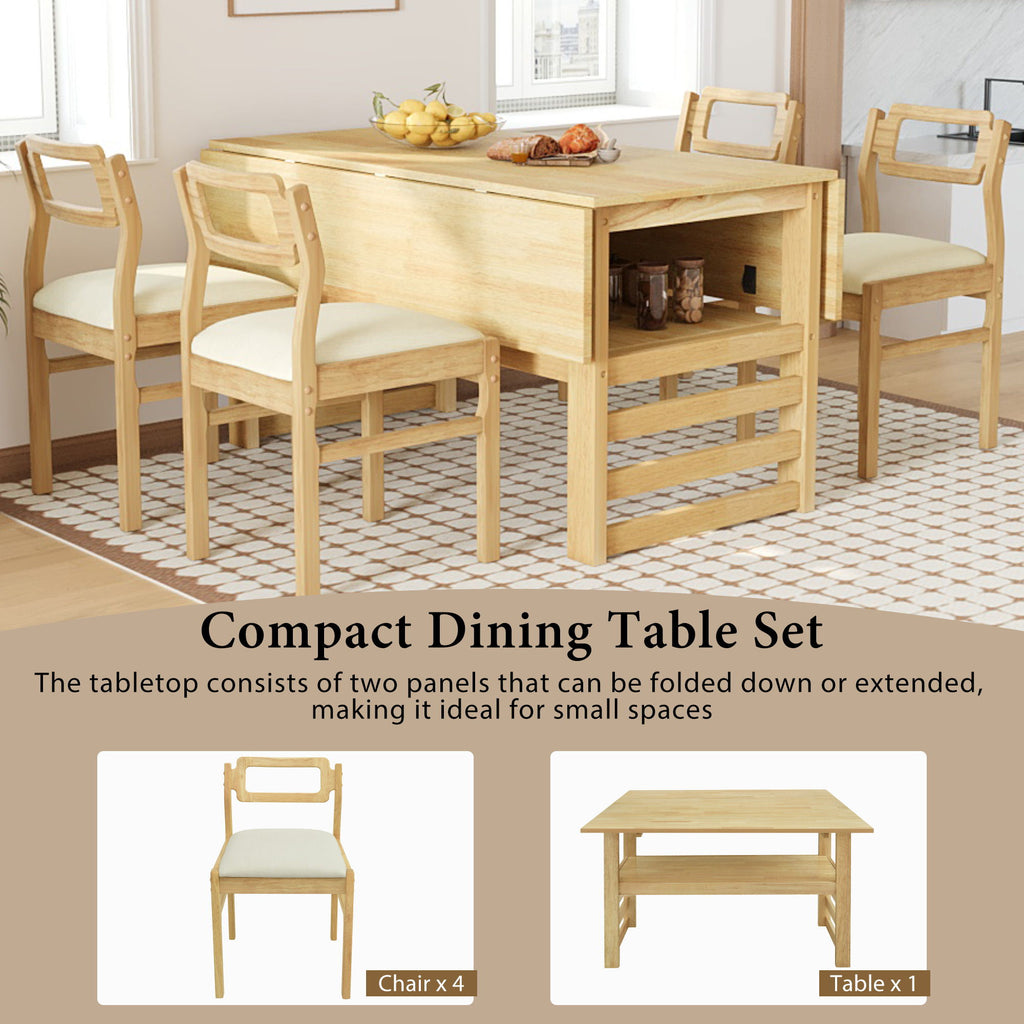 5 Piece Extendable Wood Square Dining Table Set With 2 Drop Leaves